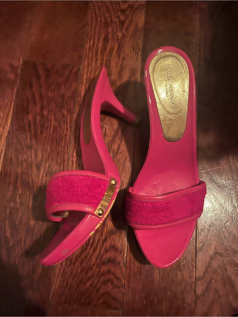 Dolce & Gabbana Hot Pink Open-Toe Slide Heels with Gold Accent